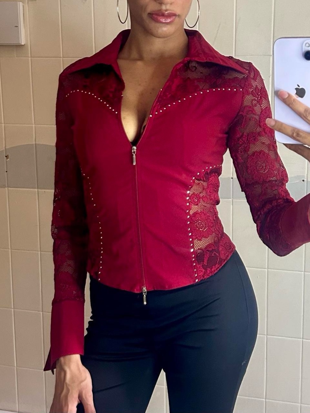Y2K Red Lace Rhinestone Zip-Up Top